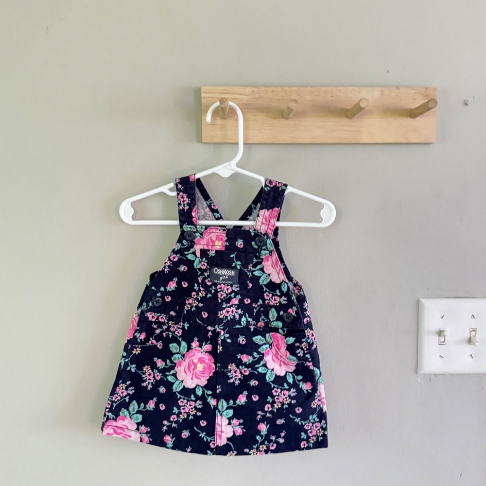 OshKosh B'gosh Girls Navy Blue Floral Jumper Overalls Dress 6 Months